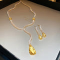 Smoky Yellow Faux Crystal Teardrop Copper Jewelry Set With Rhinestone Necklace And Earrings view 3
