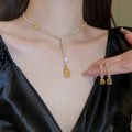 Smoky Yellow Faux Crystal Teardrop Copper Jewelry Set With Rhinestone Necklace And Earrings view 2