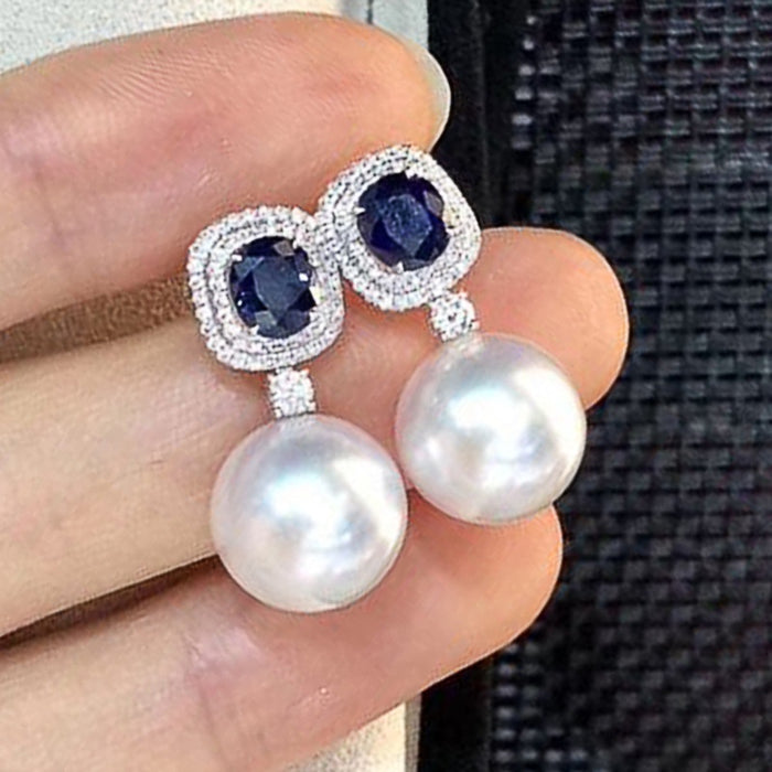 Artificial Pearl Earrings With Sapphire Blue Cubic Zirconia Inlay Elegant Women's Ear Jewelry