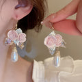 Ceramic Flower Teardrop Pearl Drop Earrings, Fresh Elegant Ear Hook Jewelry For Women view 2