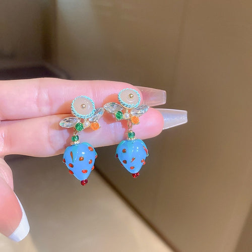 Forest Style Blue Glazed Glass Strawberry Fruit Stud Earrings With Silver Posts