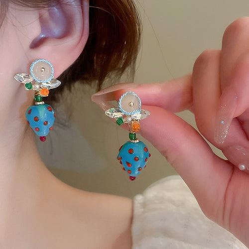 Forest Style Blue Glazed Glass Strawberry Fruit Stud Earrings With Silver Posts