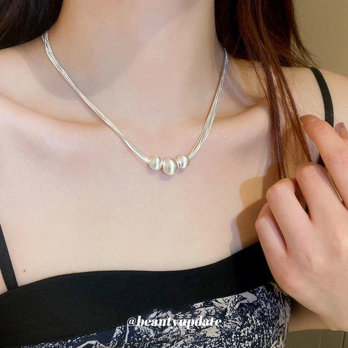 Copper Brushed Round Bead Multi Layer Necklace Geometric Shimmer Collarbone Choker For Women