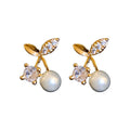 Copper Cherry Stud Earrings With Micro Pave Zircon And Pearl Fashion OL Fruit Design view 5