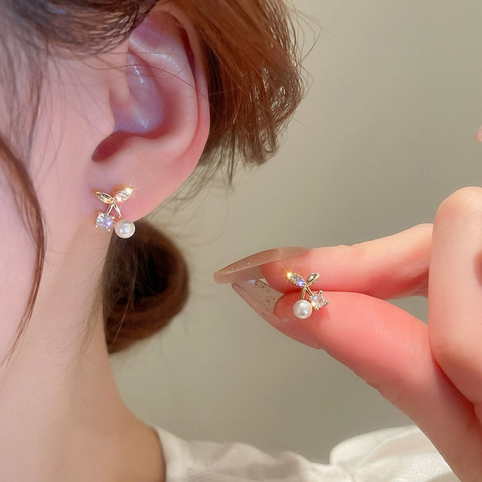 Copper Cherry Stud Earrings With Micro Pave Zircon And Pearl Fashion OL Fruit Design