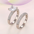 Square Simulated Moissanite Couple Confession Ring For Women, Matching Plain Band Stack Ring Set view 3