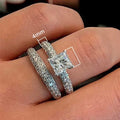 Square Simulated Moissanite Couple Confession Ring For Women, Matching Plain Band Stack Ring Set view 5