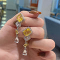 French Light Luxury Square Zircon Tassel Earrings For Women, Niche Inlaid Drop Earrings view 3