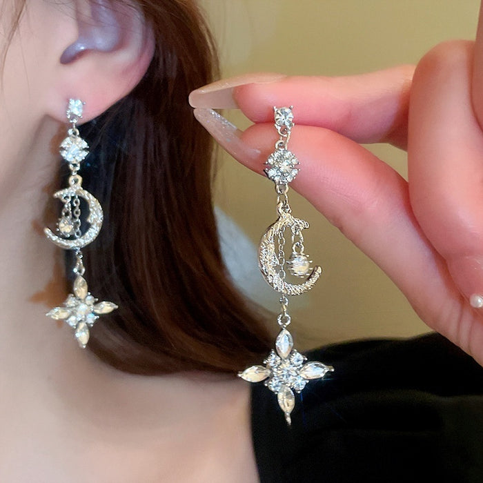 Alloy Silver Needle Moon Starburst Rhinestone Drop Earrings For Fashion OL Sweet Cool Style