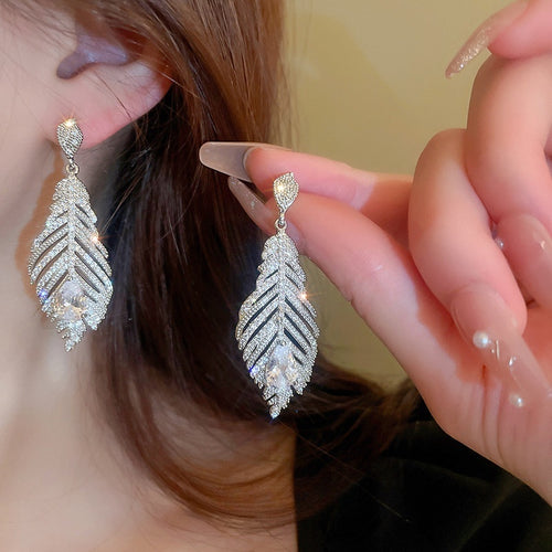 Copper Zircon Teardrop Feather Stud Earrings For Women Light Luxury Statement Jewelry