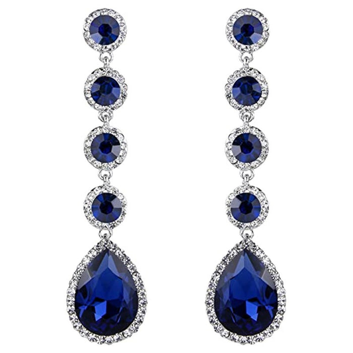 European American Long Round Earrings With Vintage Sapphire Blue Zircon For Banquet Women
