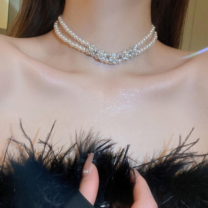 Rhinestone Faux Pearl Flower Double Layer Necklace Fashion OL Light Luxury Collarbone Chain