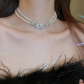 Rhinestone Faux Pearl Flower Double Layer Necklace Fashion OL Light Luxury Collarbone Chain view 3