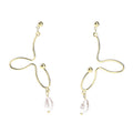 Elegant French Vintage Abstract Gold Alloy Wire Line Irregular Baroque Pearl Drop Stud Earrings view 5