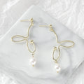 Elegant French Vintage Abstract Gold Alloy Wire Line Irregular Baroque Pearl Drop Stud Earrings view 3