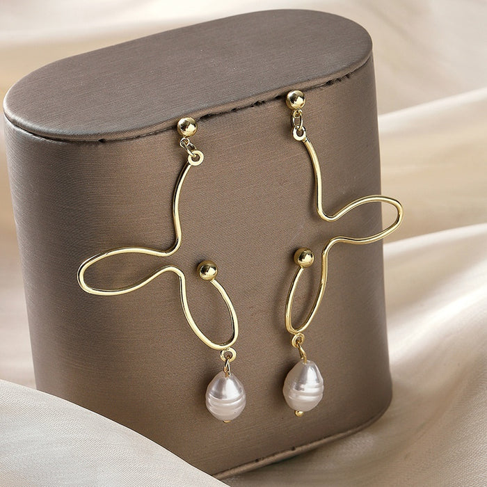 Elegant French Vintage Abstract Gold Alloy Wire Line Irregular Baroque Pearl Drop Stud Earrings