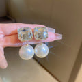 Elegant Geometric Square Rhinestone Faux Pearl Stud Earrings For Women Office Style view 2
