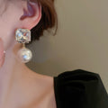 Elegant Geometric Square Rhinestone Faux Pearl Stud Earrings For Women Office Style view 3