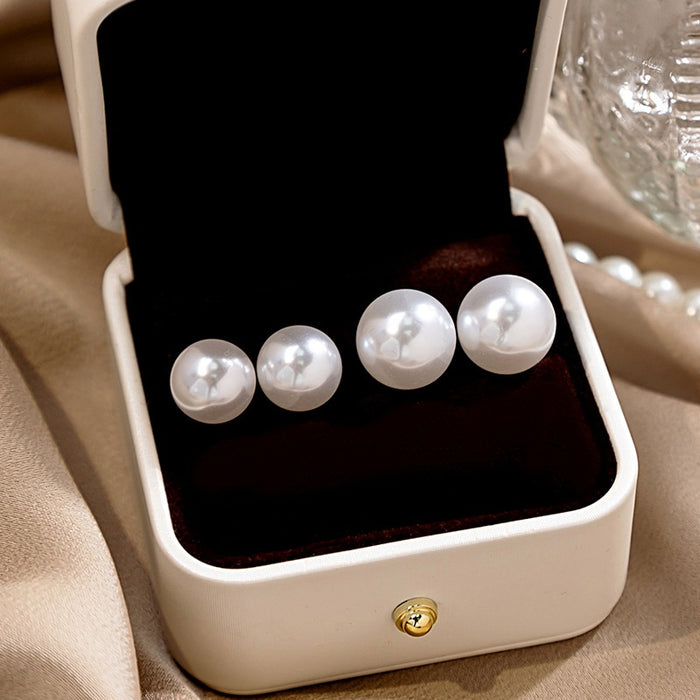Elegant Geometric Round White Pearl Stud Earrings For Women Luxury Minimalist Silver Needle Fashion Earrings