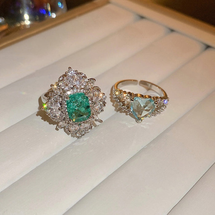 Fashion OL Style Metal Zircon Heart Double Layer Open Ring Elegant Luxury Accessory
