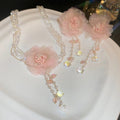 Pink Mesh Flower Faux Pearl Tassel Drop Earrings Fashion OL Floral Statement Jewelry view 3