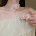 Pink Mesh Flower Faux Pearl Tassel Drop Earrings Fashion OL Floral Statement Jewelry view 2