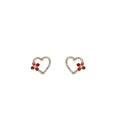 Luxury Full Rhinestone Hollow Heart Studs With Red Zircon Flower Accent Gold Plated Alloy Silver Pin Earrings view 5