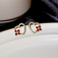 Luxury Full Rhinestone Hollow Heart Studs With Red Zircon Flower Accent Gold Plated Alloy Silver Pin Earrings view 3