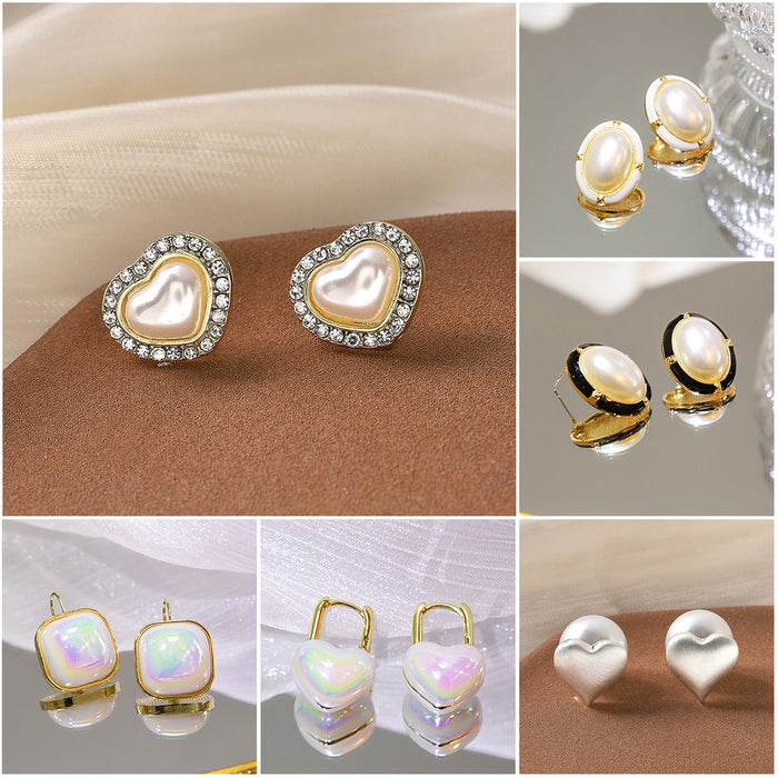 Vintage Luxury French Oval Faux Pearl Studs With Gold Alloy Enamel Rim For Women Fashion Earrings