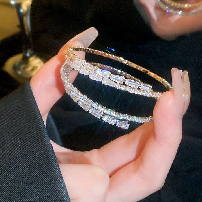Copper Zircon Open Bangle For Women Full Stone Round Geometric Luxury OL Style Bracelet