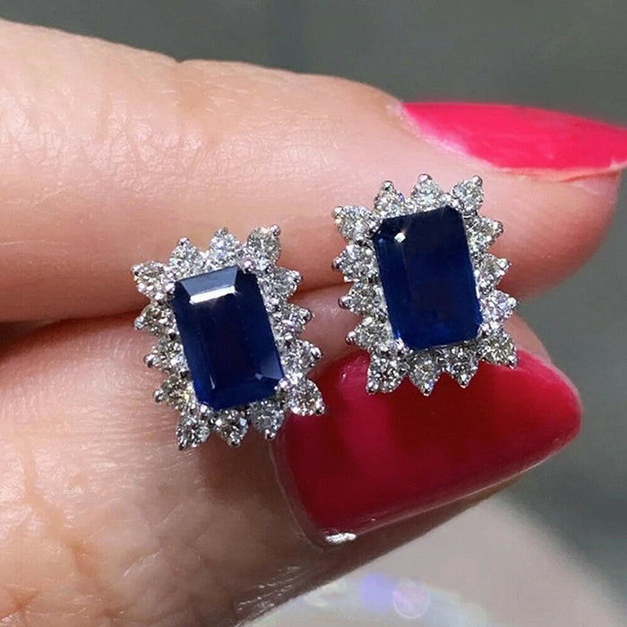 Hot Selling Rectangle Sapphire Blue Zircon Border Earrings, Sparkling European American Jewelry
