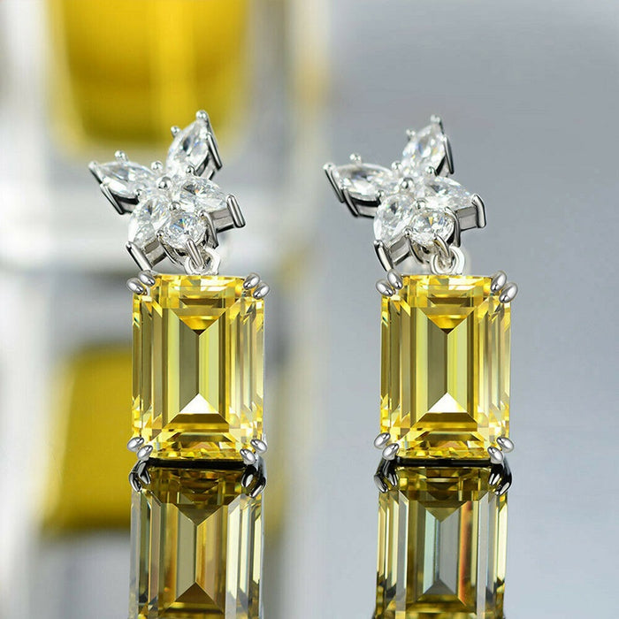 European Simulated Pale Yellow Zircon Flower Drop Earrings, Simple Sugar Cube Style