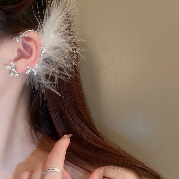 Light Luxury Pearl Bow Feather Ear Cuff Earrings With Rhinestone Accents For Women