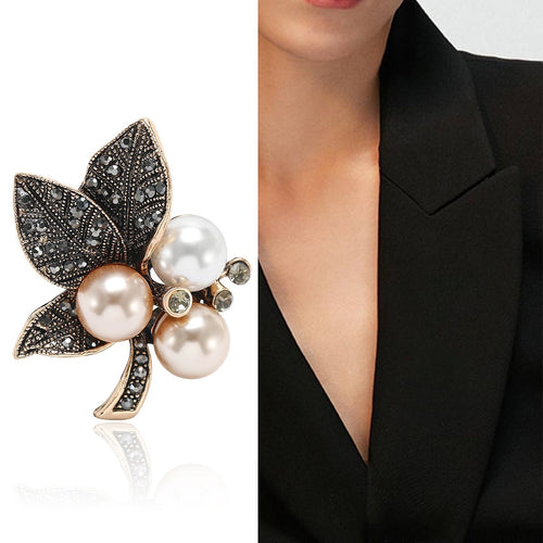Alloy Rhinestone Leaf Pearl Brooch Pin For Elegant Clothing Decoration
