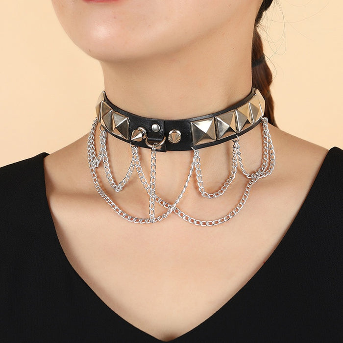 Cross Border European American Punk Rock Women's Leather Choker Necklace Fashion Collarbone Jewelry