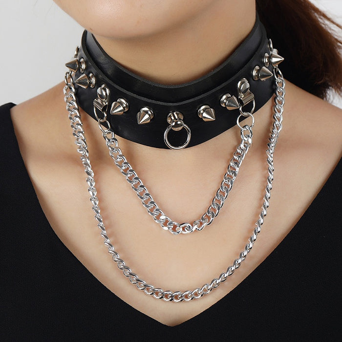 European American Statement Punk Spike Rivet Leather Necklace Double Chain Collarbone Choker