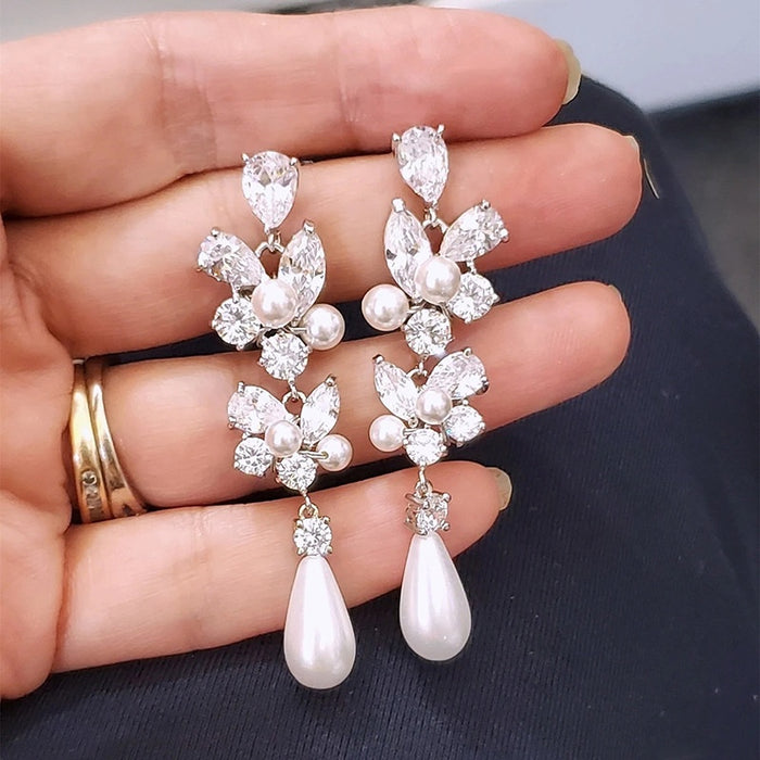 French Style Long Flower Faux Pearl Leaf Waterdrop Earrings Elegant Ear Jewelry