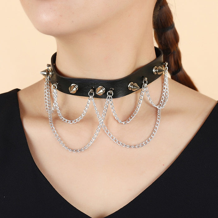 European American Punk Rock Women's Leather Choker Necklace Fashion Collarbone Chain Body Jewelry