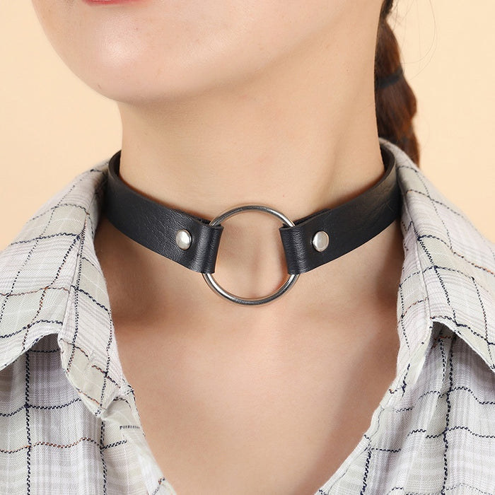 Harajuku Punk Leather Choker Necklace With Round Ring Street Style Collarbone Jewelry For Women