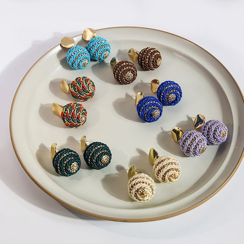 Bohemian Vintage Round Ball Alloy Rhinestone Inlaid Colorful Woven Gold Plated Stud Drop Earrings