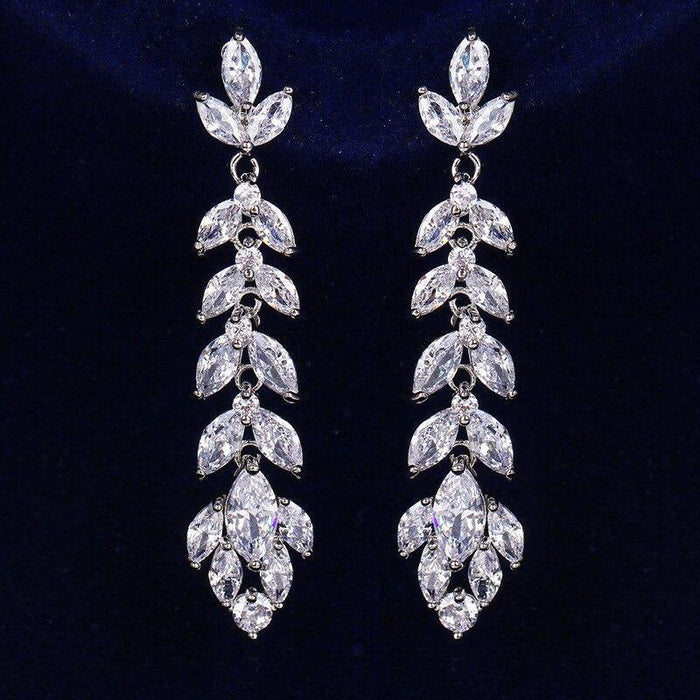 Long Floral Leaf Full Zircon Drop Earrings, Elegant Slimming European Style Women's Ear Jewelry