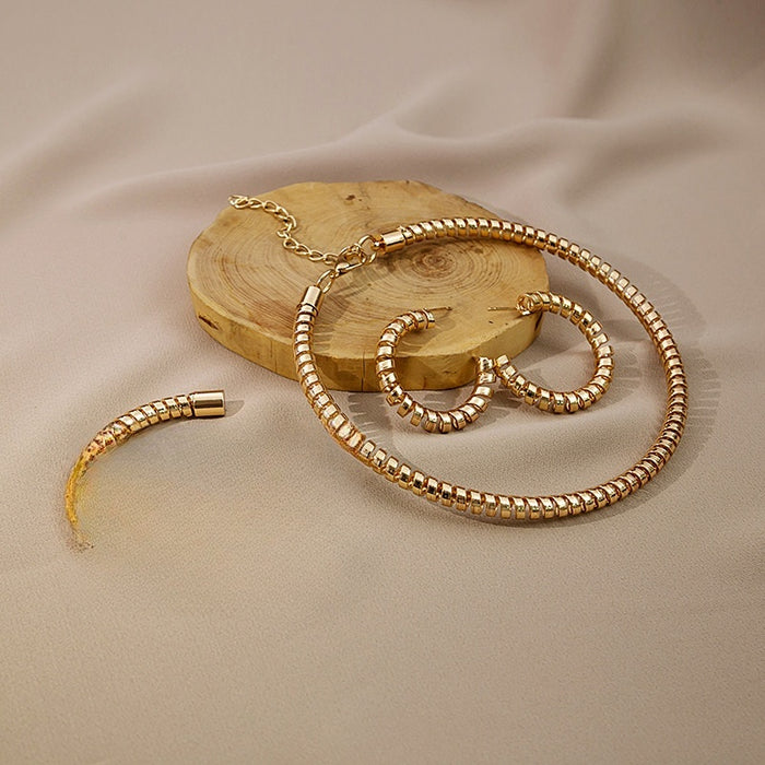 Vintage Gold Alloy Snake Bone Chain Hoop Set Stretch Bracelet Necklace Minimalist Hoop Earrings