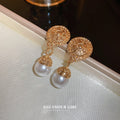Alloy Vintage Embossed Round Pearl Tassel Drop Earrings, French Elegant Geometric Style view 2