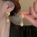 Alloy Vintage Embossed Round Pearl Tassel Drop Earrings, French Elegant Geometric Style view 1