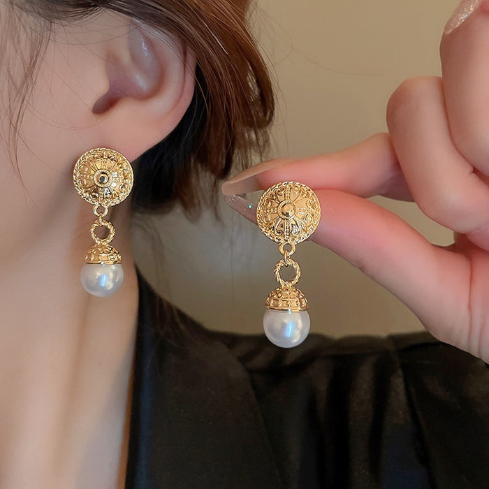 Alloy Vintage Embossed Round Pearl Tassel Drop Earrings, French Elegant Geometric Style