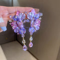 Alloy Purple Flower Rhinestone Drop Earrings, Exaggerated Luxury Statement Floral Design view 2