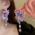 Alloy Purple Flower Rhinestone Drop Earrings, Exaggerated Luxury Statement Floral Design view 1