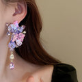 Alloy Purple Flower Rhinestone Drop Earrings, Exaggerated Luxury Statement Floral Design view 3