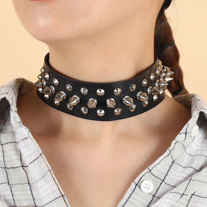 Punk Rock Spiked Studded Leather Choker Necklace, Streetwear Nightclub Collarbone Neckband