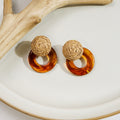 Vintage French Style Raffia Woven Studs With Resin Acrylic Round Hoop Drop Fashion Earrings view 4